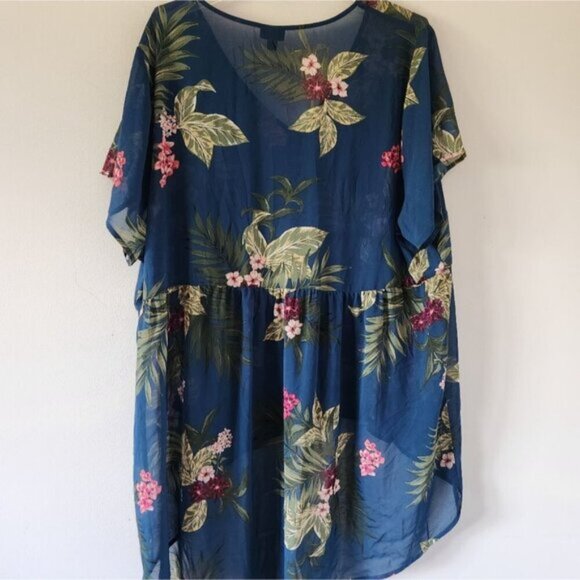 TORRID | Teal Tropical Floral Chiffon Babydoll Tunic Hi-Low Sheer Blouse Sz 4X - Picture 4 of 6